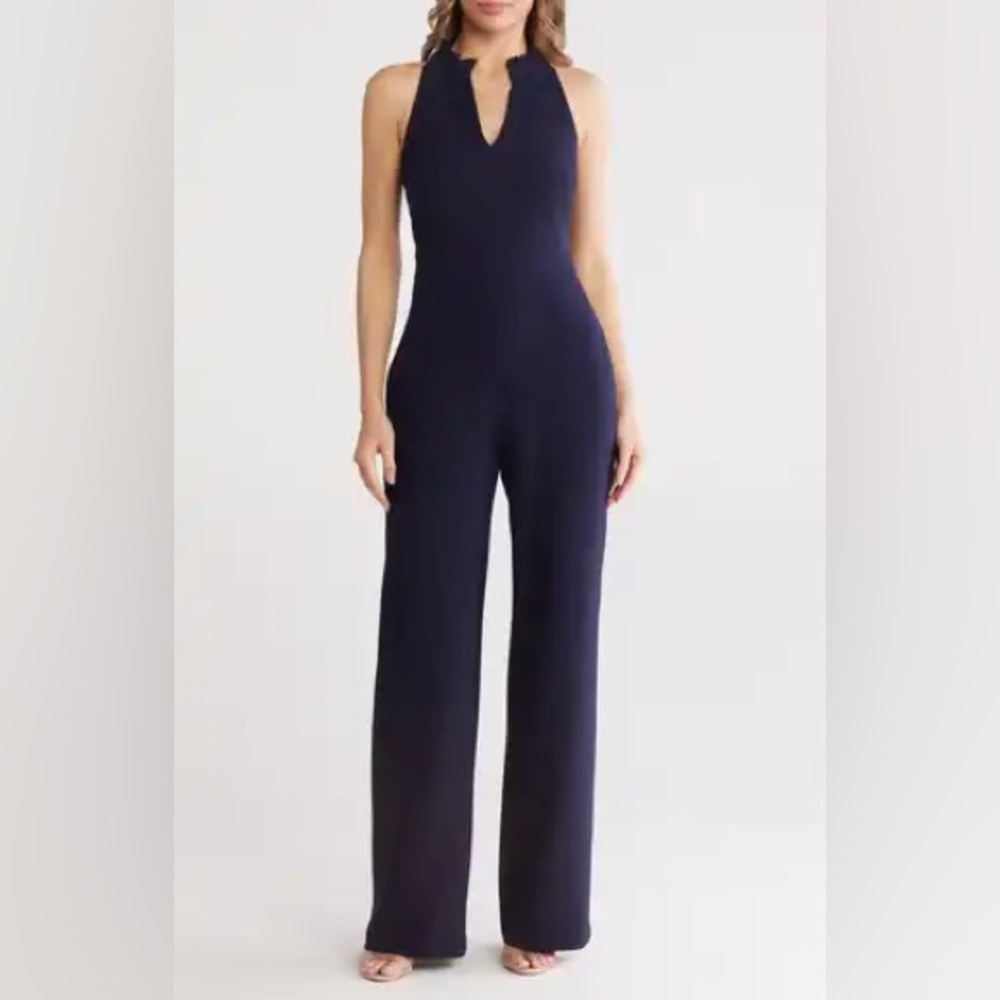 Antonio Melani Pleated Wide Leg Halter Cocktail Jumpsuit Blue 12